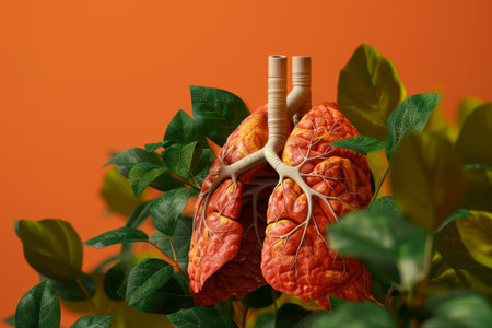 A lung is surrounded by leaves and branches. The lung is red and has a stem. Concept of the importance of the lungs and the connection between the human body and natureの素材
