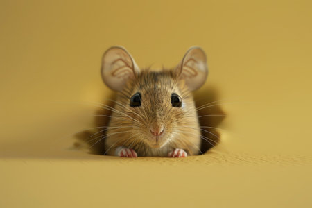 A small mouse is peeking out of a hole in a wall. The mouse is looking up at the camera, and the hole is large enough for the mouse to fit through. Concept of curiosity and playfulnessの素材