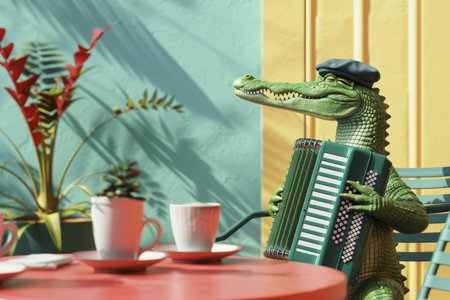 A green crocodile is playing a accordion on a table. The scene is set in a cafe with a few chairs and a dining table. There are also some oranges on the table. Scene is lighthearted and whimsicalの素材