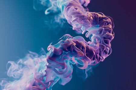 A purple and blue smokey swirl with a blue background. The smoke is curling and twistingの素材