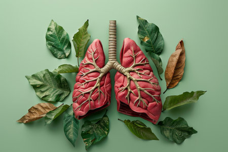 A lung is surrounded by leaves and branches. The lung is red and has a stem. Concept of the importance of the lungs and the connection between the human body and natureの素材