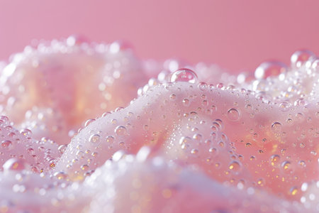 The image is of a pink fabric with many small bubbles on it. The bubbles are scattered all over the fabric, creating a sense of movement and playfulness. Scene is lighthearted and funの素材