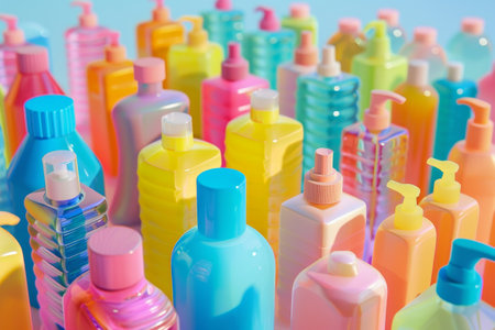A row of colorful bottles of lotion and other toiletries. The bottles are arranged in a rainbow pattern, with each color representing a different brand. Concept of abundance and varietyの素材