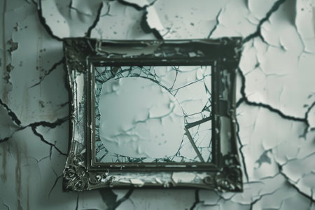 A frame with a crack in it is on a wallの素材