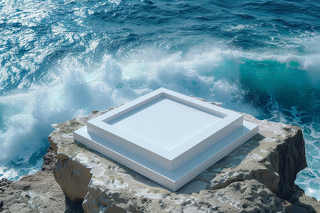 A white square is placed on a rock in the ocean. The square is surrounded by water and the waves are crashing against the rock. The scene is serene and peacefulの素材