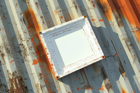 A box is sitting in the middle of a wall and yellow shipping containers. The box is empty and the containers are arranged in a way that creates a sense of depth and dimensionの素材