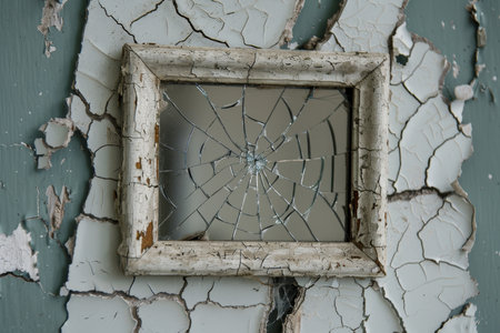 A frame with a crack in it is on a wallの素材