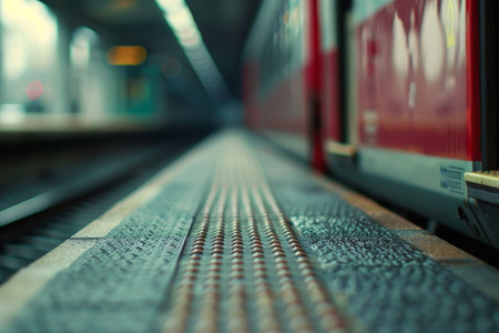 A train is on a train track with a red stripe. The train is on the right side of the imageの素材