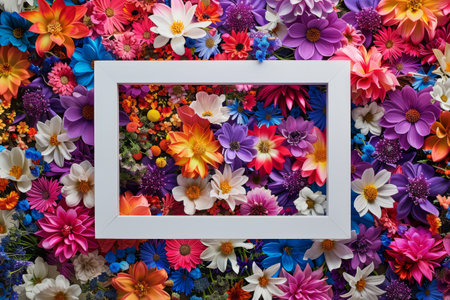 A white frame with a colorful flower arrangement in it. The frame is white and the flowers are in various colorsの素材
