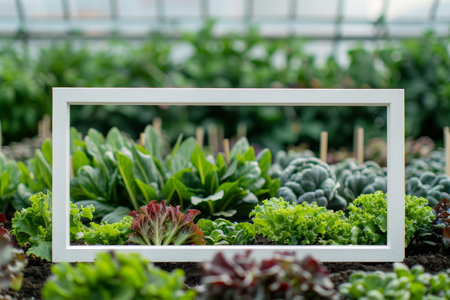 A white frame with a blank space sits in front of a lush green garden. The garden is filled with various plants and vegetables, including broccoli, cauliflower, and carrotsの素材