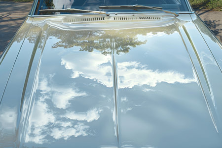 A white car is driving through a cloud filled sky. The sky is blue and cloudy, and the car is the only object visibleの素材