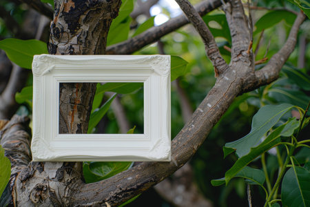 A white frame is placed in front of a green bush. The frame is empty, and the bush is full of leavesの素材
