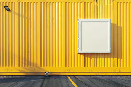 A box is sitting in the middle of a wall and yellow shipping containers. The box is empty and the containers are arranged in a way that creates a sense of depth and dimensionの素材