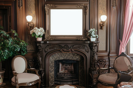 A room with a fireplace and two chairs. The room has a vintage feel to itの素材