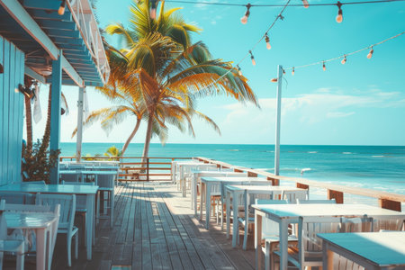 A beachfront restaurant with a view of the ocean. The tables are blue and the chairs are blueの素材