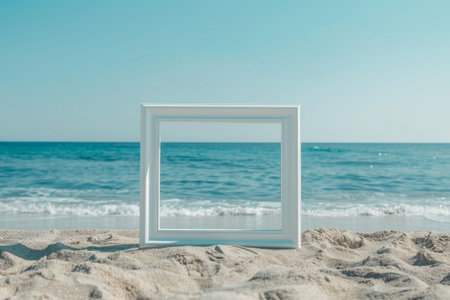 A white frame is on the beach, with the ocean in the background. The frame is empty, and the beach is calm and peacefulの素材