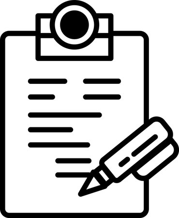 A clipboard with a pen on it. The clipboard is black and white. The pen is black and has a pointed tipのイラスト素材