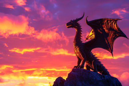 A dragon stands on a hillside at sunset. The sky is filled with clouds and the sun is setting, casting a warm glow over the scene. The dragon's wings are spread wide, creating a sense of freedomの素材