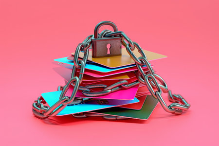 A stack of credit cards is chained together. The chain is made of metal and is attached to the cards. The cards are of different colors and sizes. Concept of security and protectionの素材