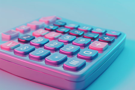 A calculator with a blue background and red buttons. The calculator has a red button that says percentの素材