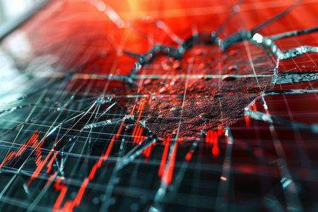 A shattered window on a wall with a red and blue background. The window is in the middle of the wall and is surrounded by a few other windowsの素材