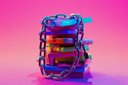 A stack of credit cards is chained together. The chain is made of metal and is attached to the cards. The cards are of different colors and sizes. Concept of security and protectionの素材