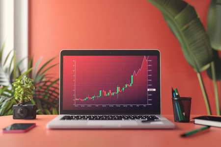 A laptop is open on a desk with a background. The screen displays a graph with a lot of data. The desk also has a pen and a cupの素材