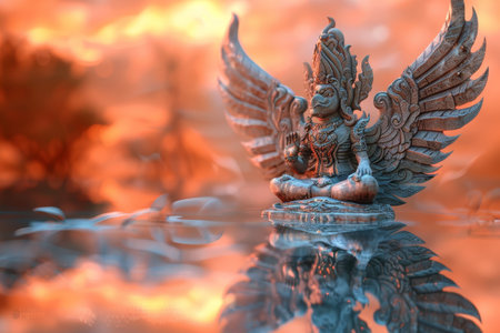 A statue of a winged figure is sitting on a body of water. The statue is surrounded by a beautiful orange and pink sky, creating a serene and peaceful atmosphereの素材