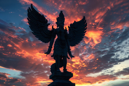 A statue of a woman with wings is standing in front of a beautiful sunset. The statue is surrounded by clouds, which add to the serene and peaceful atmosphere of the sceneの素材