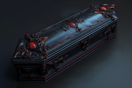 A black coffin with gold trim sits on a grey surface. The coffin is ornate and has a creepy appearanceの素材