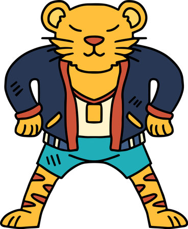 A cartoon character is wearing a jacket and pants and is holding a fist up in the air. The character is smiling and he is happyのイラスト素材