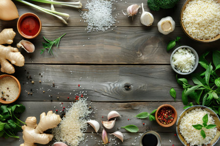 A bowl of rice with three pieces of chicken and some spices. The bowl is on a wooden tableの素材