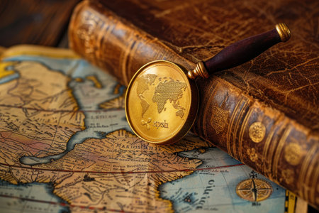 A magnifying glass is on top of a book with a map on the table. The book is old and leather boundの素材