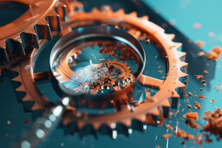 A close up of a broken gear with a magnifying glass over it. The gears are scattered and broken, and the image has a sense of destruction and chaosの素材