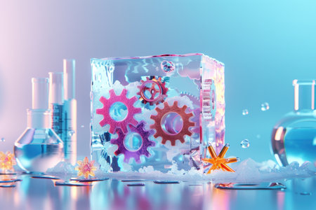 A blue background with a machine and a gear made of ice. The machine is surrounded by other scientific equipment such as beakers and test tubes. Concept of scientific exploration and discoveryの素材