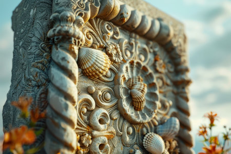 A white headstone with a frame is on a beach with shells and a bottle. The scene is peaceful and serene, with the ocean in the backgroundの素材