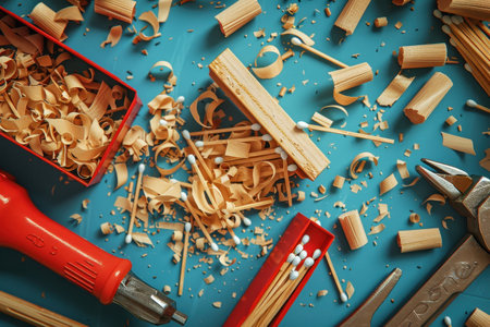 A pile of wood shavings and a box of matches sit on a blue surface. The scene is messy and disorganized, with tools scattered around the area. Scene is chaotic and unkemptの素材
