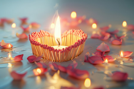 A heart made of matchsticks with a lit candle inside. The candle is surrounded by pink petals and the scene is set in a dark roomの素材