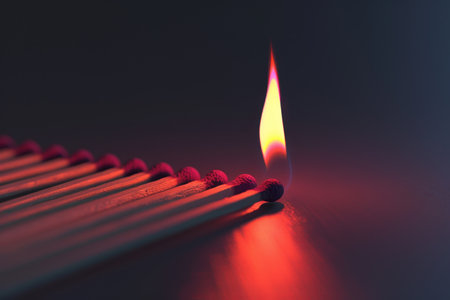 A lit match is on top of a stack of matches. The match is surrounded by a row of matches, which are all litの素材