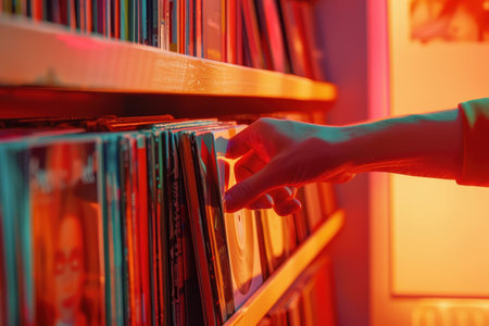 A person is reaching for a CD on a shelf. The shelf is full of CDs and the person is looking for a specific oneの素材