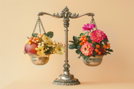 A scale with a bouquet of flowers and apples on it. The scale is balanced with the apples on one side and the flowers on the otherの素材