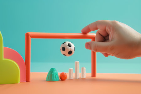 A hand is holding a soccer ball in front of a goal. The scene is playful and fun, with the soccer ball and goal being the main focusの素材