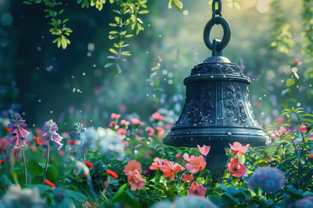 A bell is sitting on a rock in a garden with flowers. The bell is old and rusted, and it is surrounded by a variety of colorful flowers. The scene has a peaceful and serene mood, as the bellの素材