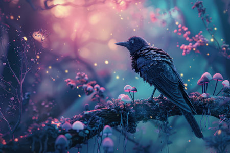 A bird is perched on a branch in a forest with mushrooms and flowers. Scene is peaceful and serene, as the bird seems to be enjoying its surroundingsの素材