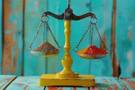 Two scales with different colored spices on them. The scales are hanging from a chain and are on a wooden tableの素材