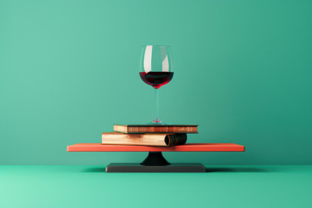 A wine glass is on top of two books. The wine glass is half full and the books are stacked on top of each other. The scene is set against a green backgroundの素材