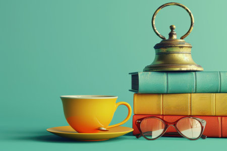 A stack of books and a cup of coffee sit on a table. The books are of different colors and sizes, and the cup is yellow. Concept of relaxation and leisureの素材