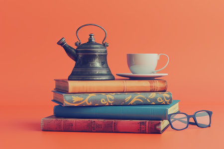 A stack of books with a teapot and a cup on top. The teapot and cup are placed on top of the books, creating a cozy and inviting atmosphere. The scene suggests a moment of relaxation and leisureの素材