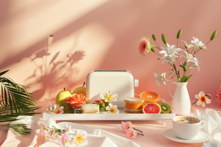 A white toaster is on a tray with a variety of fruits and flowers. The tray is placed on a pink background, creating a warm and inviting atmosphere. The combination of the toaster, fruitsの素材