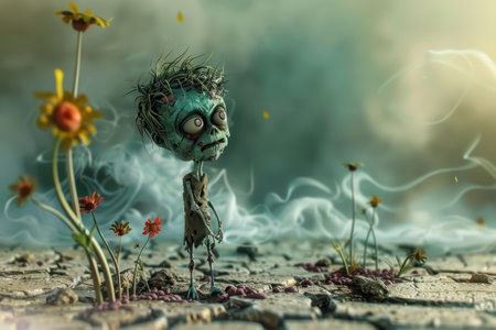 A creepy little monster stands in front of a field of flowers. The flowers are yellow and red, and the monster has a green face and a skeleton-like body. The scene is eerie and unsettlingの素材